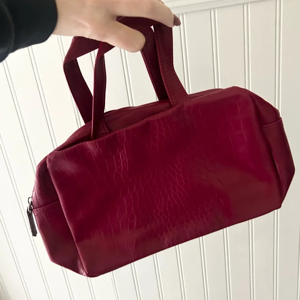 Burgundy Faux Croc Makeup Bag Cosmetic Pouch Red Crocodile Embossed